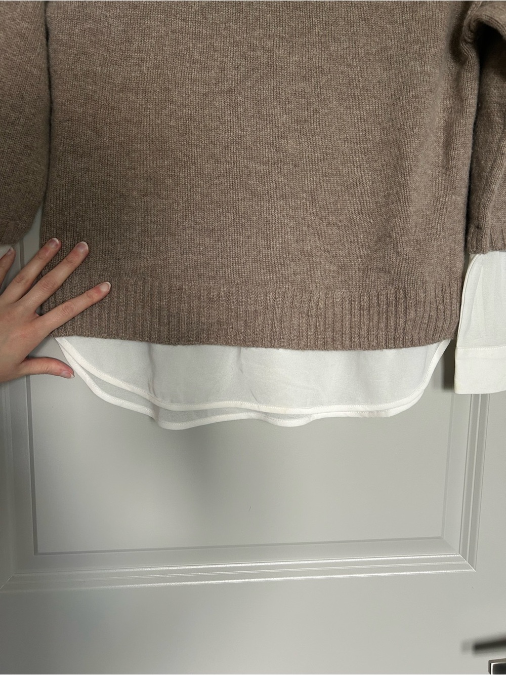 Brochu Walker Taupe Knit Layered Wool Cashmere Crew Sweater with White Hem - Picture 5 of 10